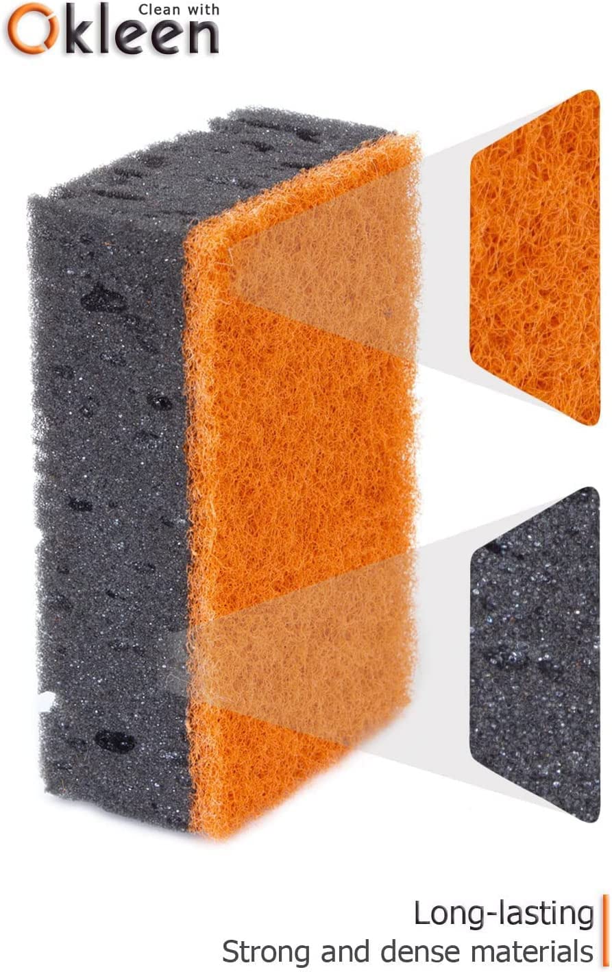 Orange Multi Use Scrub Sponge. Made in Europe. 18 Pack, 4.3x2.8x1.4 inches. Odorless Heavy Duty and Non Scratch Fiber. Durable and Delicate Scrubber for Oven and Stove, Bathroom and Basement