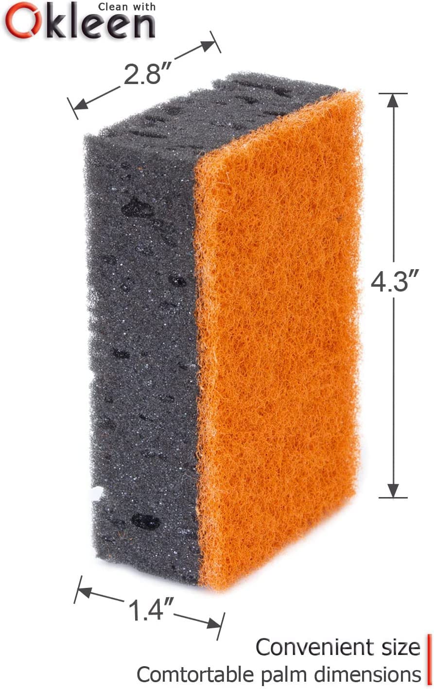 Orange Multi Use Scrub Sponge. Made in Europe. 18 Pack, 4.3x2.8x1.4 inches. Odorless Heavy Duty and Non Scratch Fiber. Durable and Delicate Scrubber for Oven and Stove, Bathroom and Basement