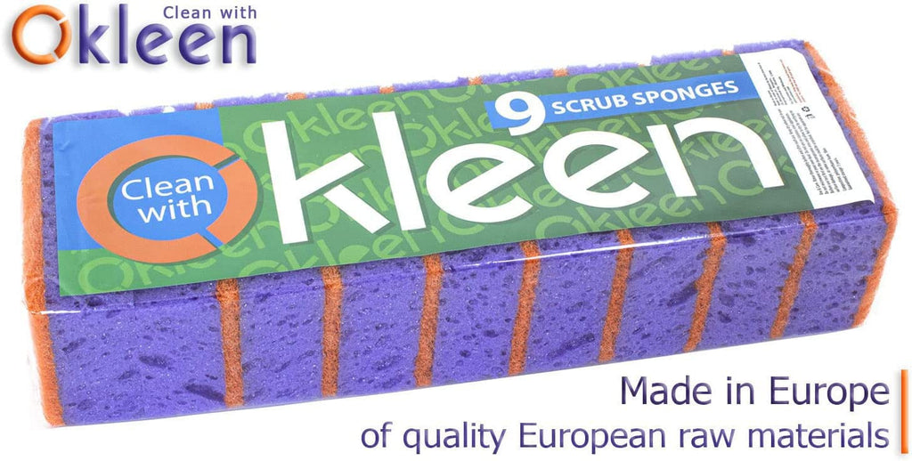 Orange Multi Use Scrub Sponge. Made in Europe. 18 Pack, 4.3x2.8x1.4 inches. Odorless Heavy Duty and Non Scratch Fiber. Durable and Delicate Scrubber for Oven and Stove, Bathroom and Basement