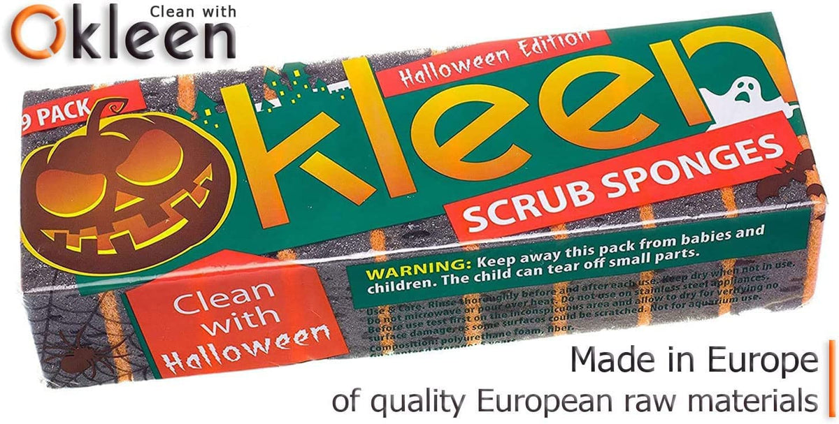 Orange Multi Use Scrub Sponge. Made in Europe. 18 Pack, 4.3x2.8x1.4 inches. Odorless Heavy Duty and Non Scratch Fiber. Durable and Delicate Scrubber for Oven and Stove, Bathroom and Basement