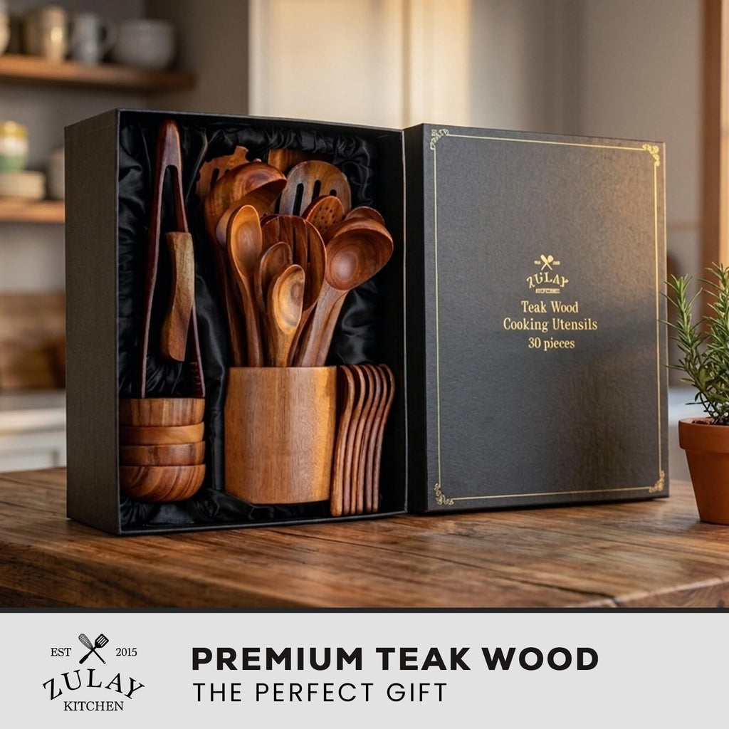 Zulay Kitchen 9-Piece Teak Wood Cooking Utensil Set – Non-Toxic & Non-Stick Safe Wooden Spoons & Kitchen Tools with Comfortable Grip, Smooth Finish Natural Teak – Perfect Kitchen Gift Set