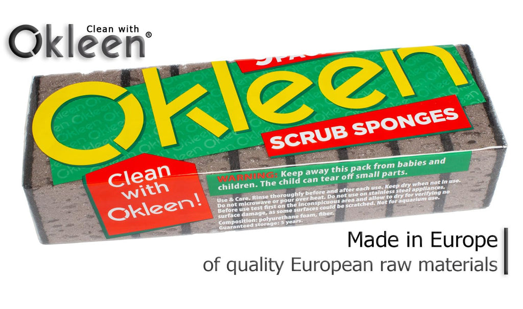 Orange Multi Use Scrub Sponge. Made in Europe. 18 Pack, 4.3x2.8x1.4 inches. Odorless Heavy Duty and Non Scratch Fiber. Durable and Delicate Scrubber for Oven and Stove, Bathroom and Basement