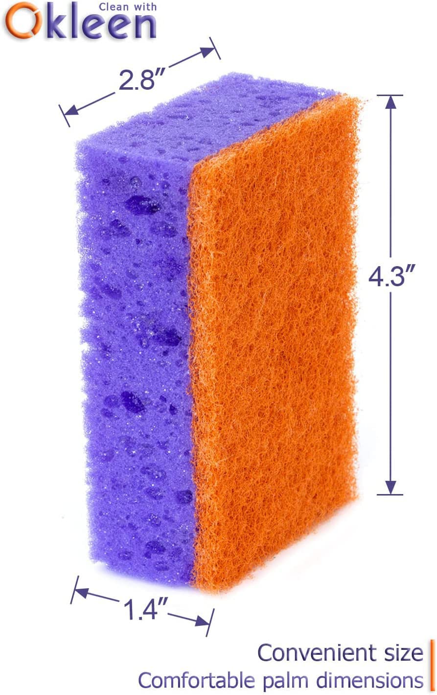 Orange Multi Use Scrub Sponge. Made in Europe. 18 Pack, 4.3x2.8x1.4 inches. Odorless Heavy Duty and Non Scratch Fiber. Durable and Delicate Scrubber for Oven and Stove, Bathroom and Basement