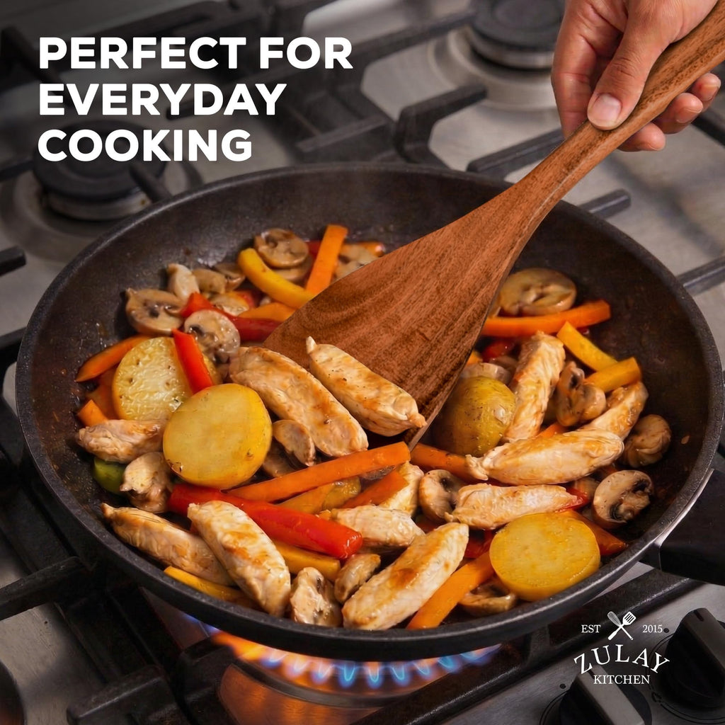Zulay Kitchen 9-Piece Teak Wood Cooking Utensil Set – Non-Toxic & Non-Stick Safe Wooden Spoons & Kitchen Tools with Comfortable Grip, Smooth Finish Natural Teak – Perfect Kitchen Gift Set