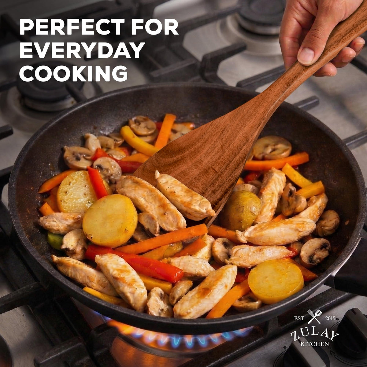 Zulay Kitchen 9-Piece Teak Wood Cooking Utensil Set – Non-Toxic & Non-Stick Safe Wooden Spoons & Kitchen Tools with Comfortable Grip, Smooth Finish Natural Teak – Perfect Kitchen Gift Set