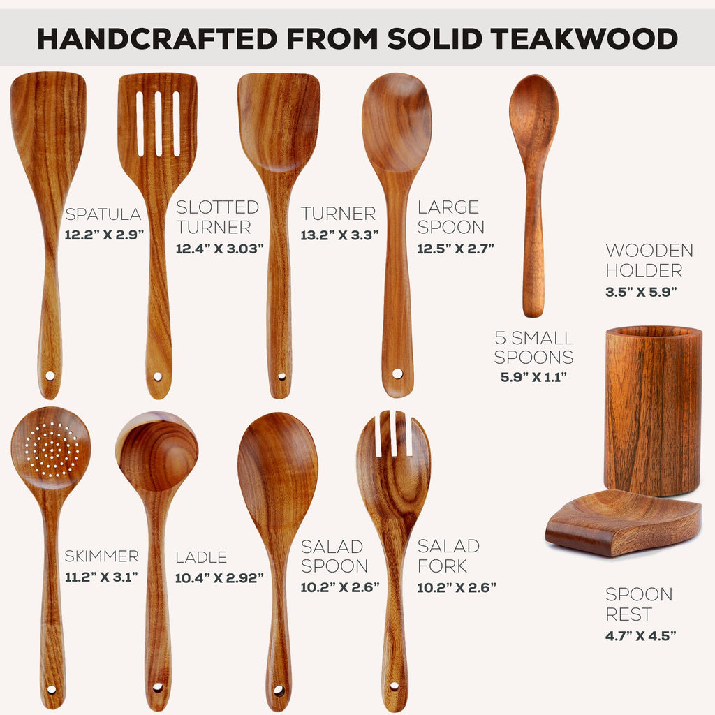 Zulay Kitchen 9-Piece Teak Wood Cooking Utensil Set – Non-Toxic & Non-Stick Safe Wooden Spoons & Kitchen Tools with Comfortable Grip, Smooth Finish Natural Teak – Perfect Kitchen Gift Set