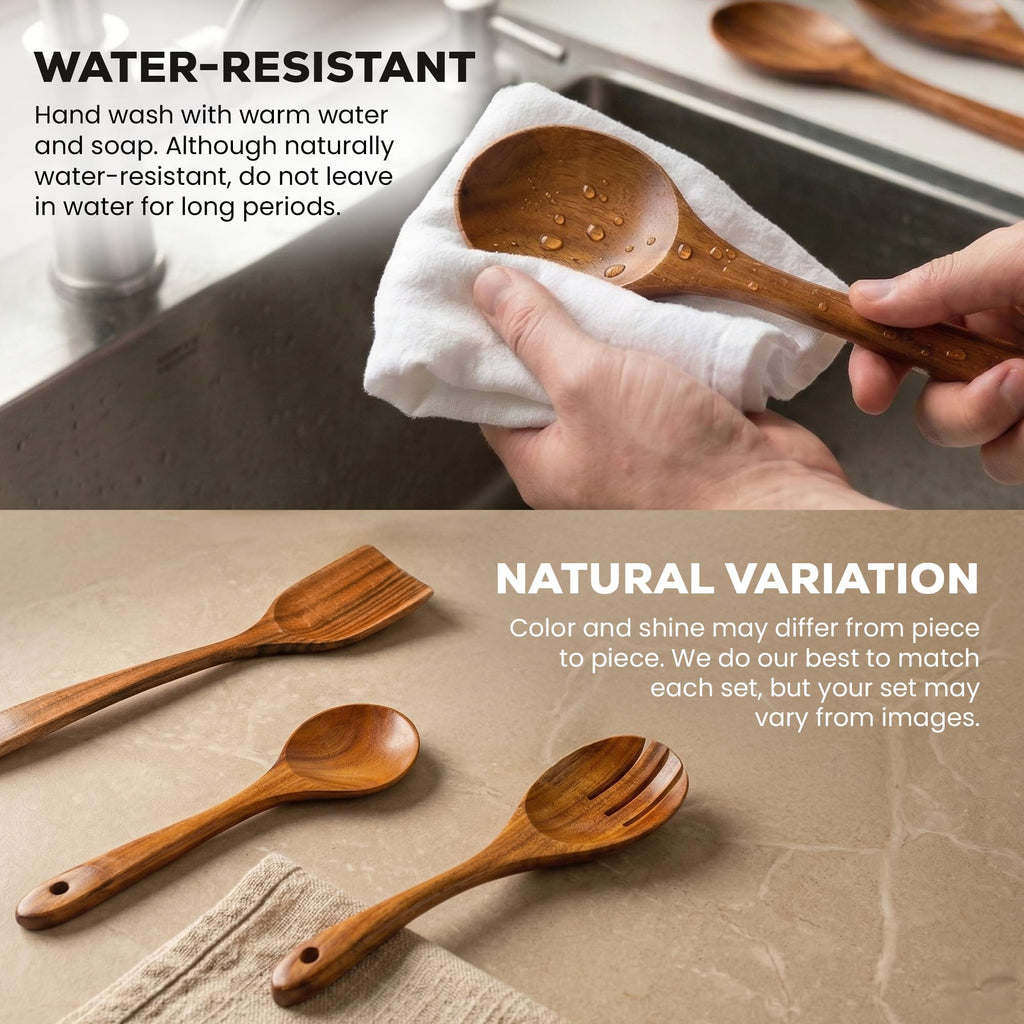 Zulay Kitchen 9-Piece Teak Wood Cooking Utensil Set – Non-Toxic & Non-Stick Safe Wooden Spoons & Kitchen Tools with Comfortable Grip, Smooth Finish Natural Teak – Perfect Kitchen Gift Set