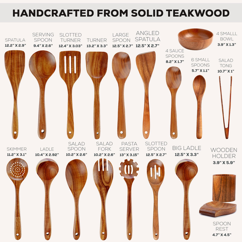 Zulay Kitchen 9-Piece Teak Wood Cooking Utensil Set – Non-Toxic & Non-Stick Safe Wooden Spoons & Kitchen Tools with Comfortable Grip, Smooth Finish Natural Teak – Perfect Kitchen Gift Set