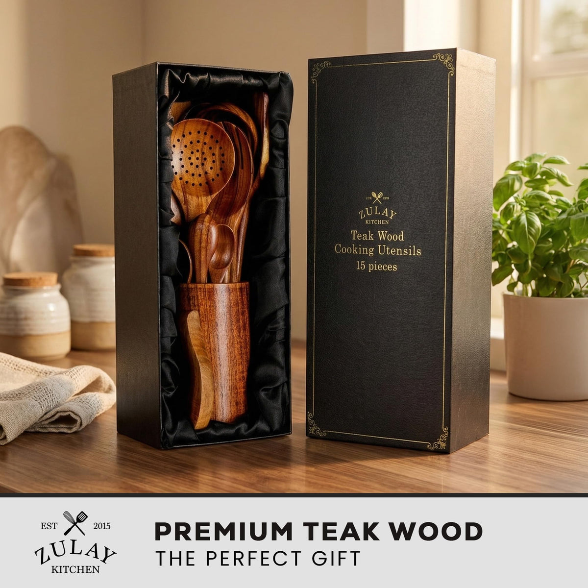 Zulay Kitchen 9-Piece Teak Wood Cooking Utensil Set – Non-Toxic & Non-Stick Safe Wooden Spoons & Kitchen Tools with Comfortable Grip, Smooth Finish Natural Teak – Perfect Kitchen Gift Set