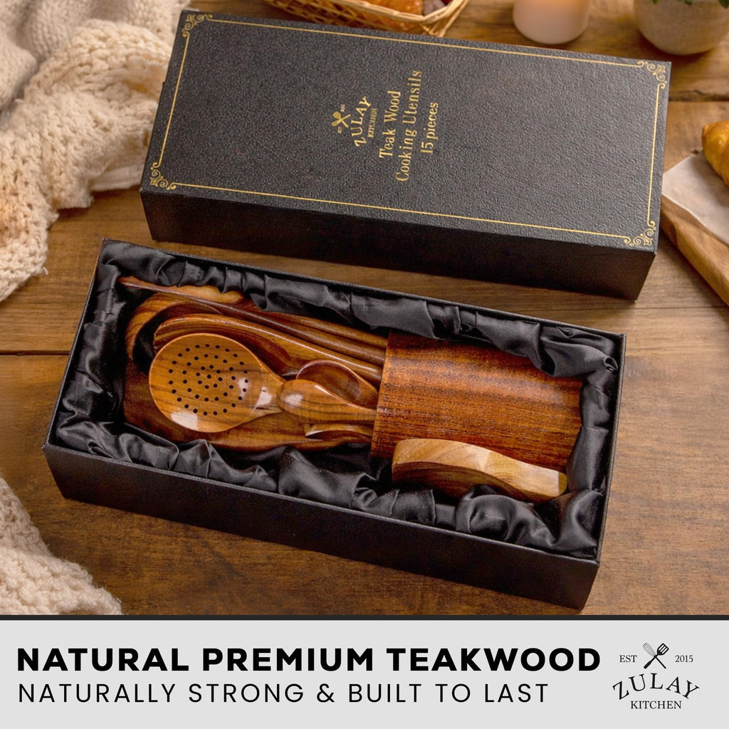 Zulay Kitchen 9-Piece Teak Wood Cooking Utensil Set – Non-Toxic & Non-Stick Safe Wooden Spoons & Kitchen Tools with Comfortable Grip, Smooth Finish Natural Teak – Perfect Kitchen Gift Set