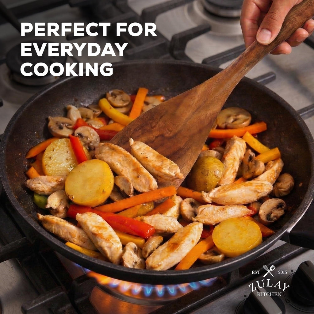 Zulay Kitchen 9-Piece Teak Wood Cooking Utensil Set – Non-Toxic & Non-Stick Safe Wooden Spoons & Kitchen Tools with Comfortable Grip, Smooth Finish Natural Teak – Perfect Kitchen Gift Set