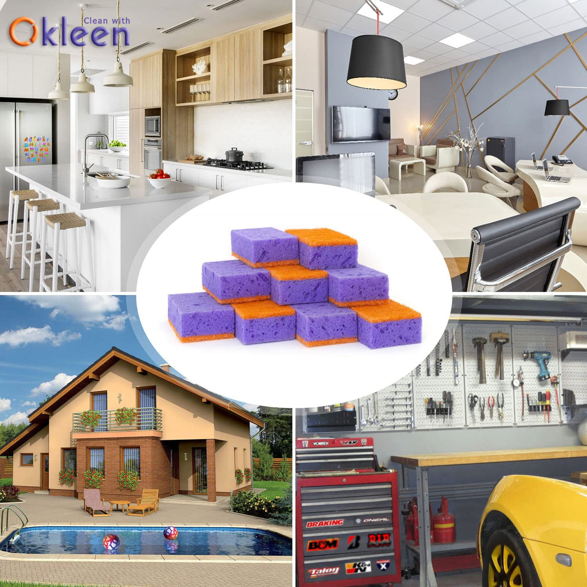 Orange Multi Use Scrub Sponge. Made in Europe. 18 Pack, 4.3x2.8x1.4 inches. Odorless Heavy Duty and Non Scratch Fiber. Durable and Delicate Scrubber for Oven and Stove, Bathroom and Basement