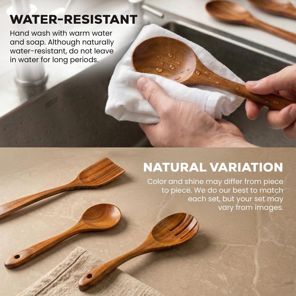 Zulay Kitchen 9-Piece Teak Wood Cooking Utensil Set – Non-Toxic & Non-Stick Safe Wooden Spoons & Kitchen Tools with Comfortable Grip, Smooth Finish Natural Teak – Perfect Kitchen Gift Set