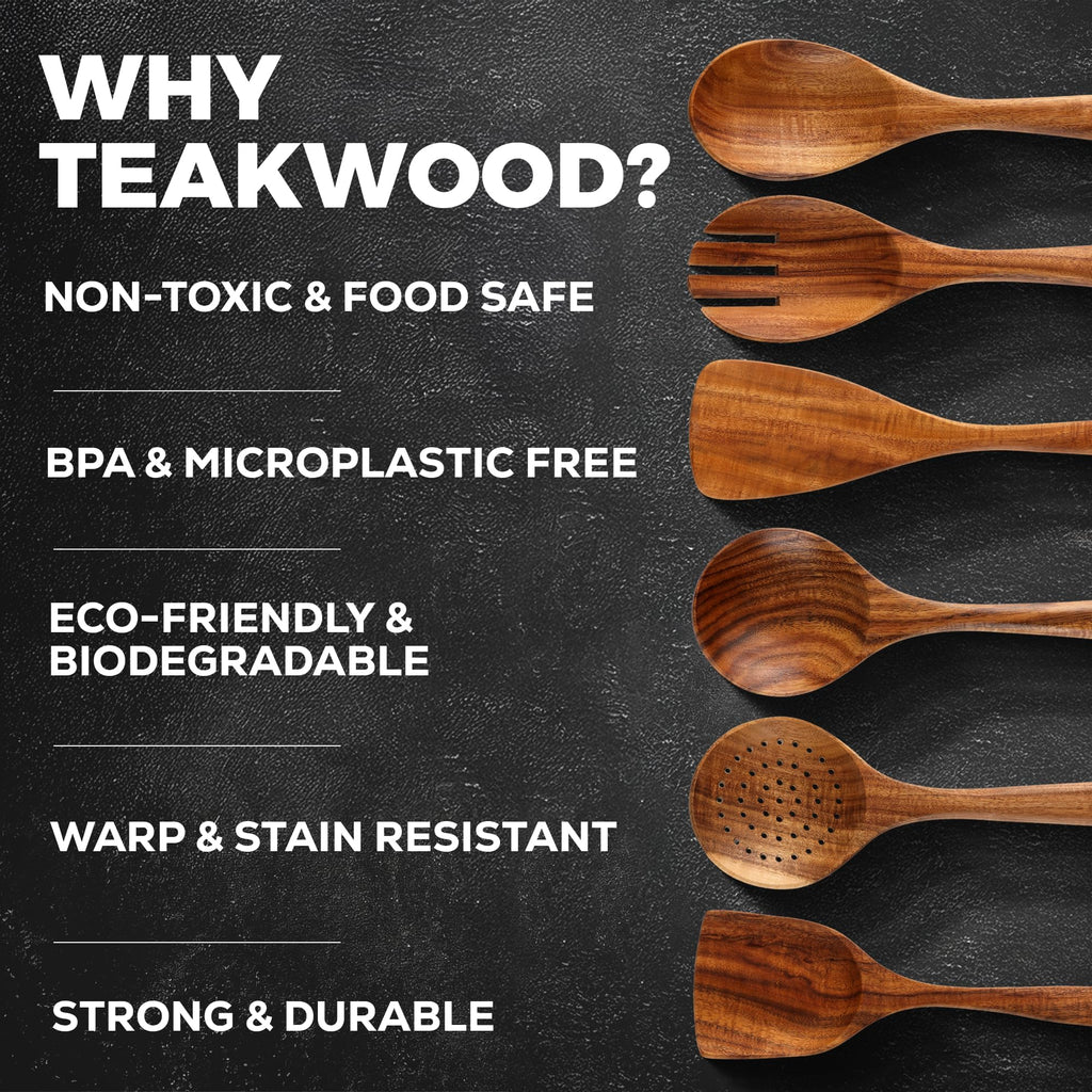 Zulay Kitchen 9-Piece Teak Wood Cooking Utensil Set – Non-Toxic & Non-Stick Safe Wooden Spoons & Kitchen Tools with Comfortable Grip, Smooth Finish Natural Teak – Perfect Kitchen Gift Set