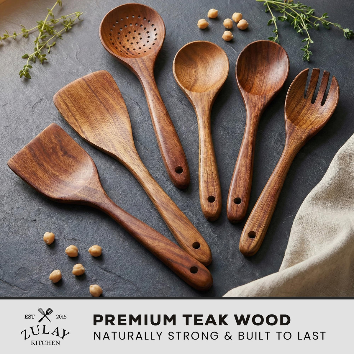 Zulay Kitchen 9-Piece Teak Wood Cooking Utensil Set – Non-Toxic & Non-Stick Safe Wooden Spoons & Kitchen Tools with Comfortable Grip, Smooth Finish Natural Teak – Perfect Kitchen Gift Set