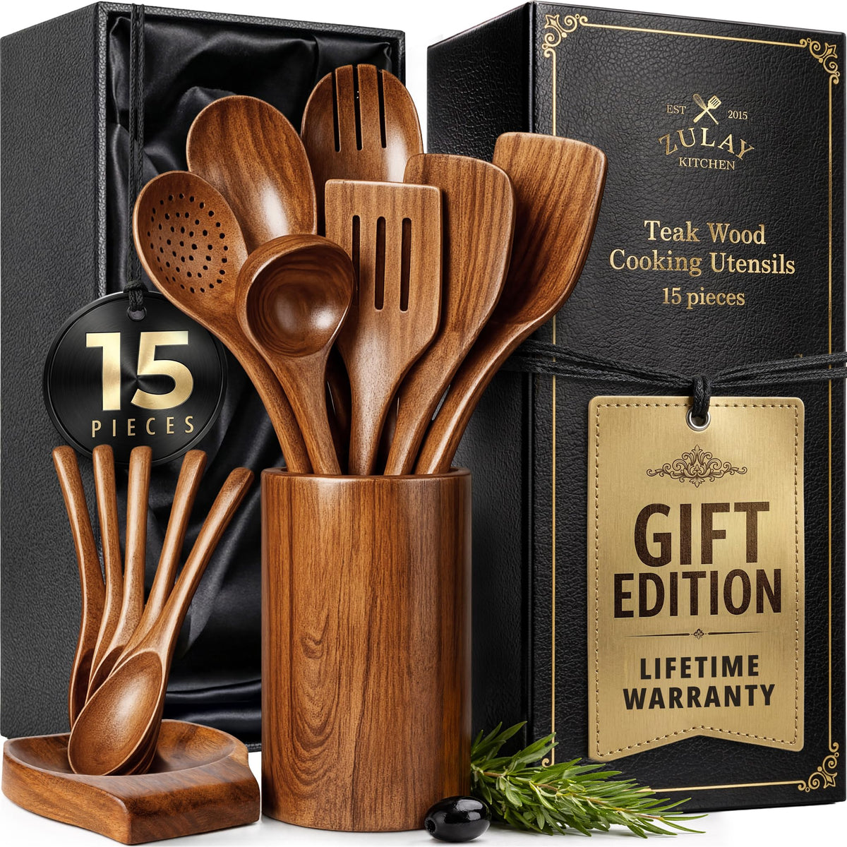 Zulay Kitchen 9-Piece Teak Wood Cooking Utensil Set – Non-Toxic & Non-Stick Safe Wooden Spoons & Kitchen Tools with Comfortable Grip, Smooth Finish Natural Teak – Perfect Kitchen Gift Set