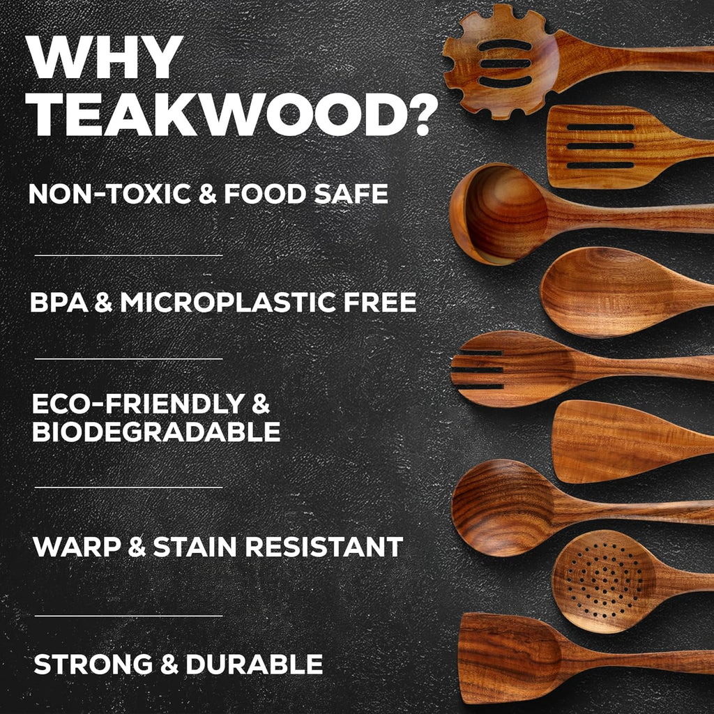 Zulay Kitchen 9-Piece Teak Wood Cooking Utensil Set – Non-Toxic & Non-Stick Safe Wooden Spoons & Kitchen Tools with Comfortable Grip, Smooth Finish Natural Teak – Perfect Kitchen Gift Set
