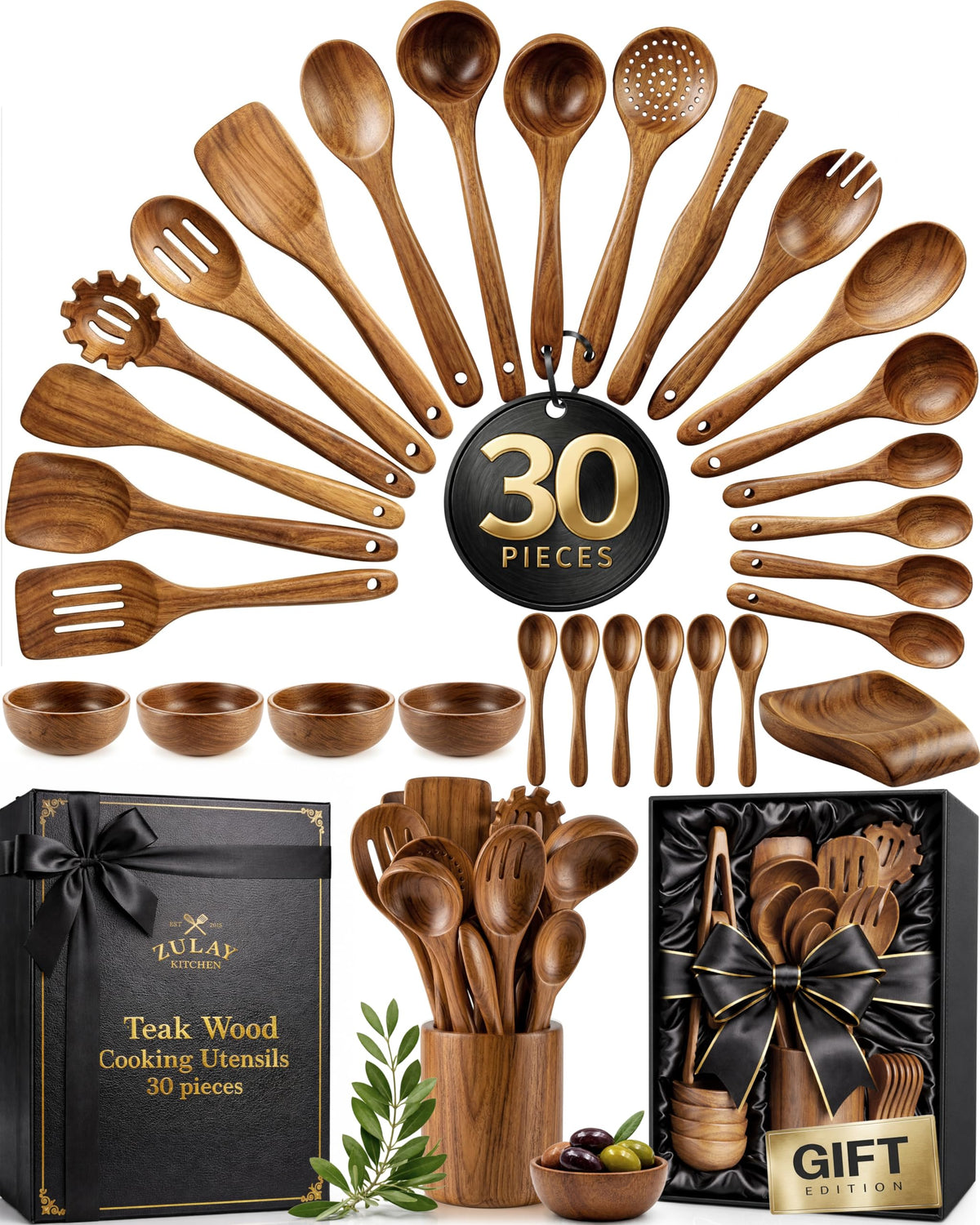 Zulay Kitchen 9-Piece Teak Wood Cooking Utensil Set – Non-Toxic & Non-Stick Safe Wooden Spoons & Kitchen Tools with Comfortable Grip, Smooth Finish Natural Teak – Perfect Kitchen Gift Set