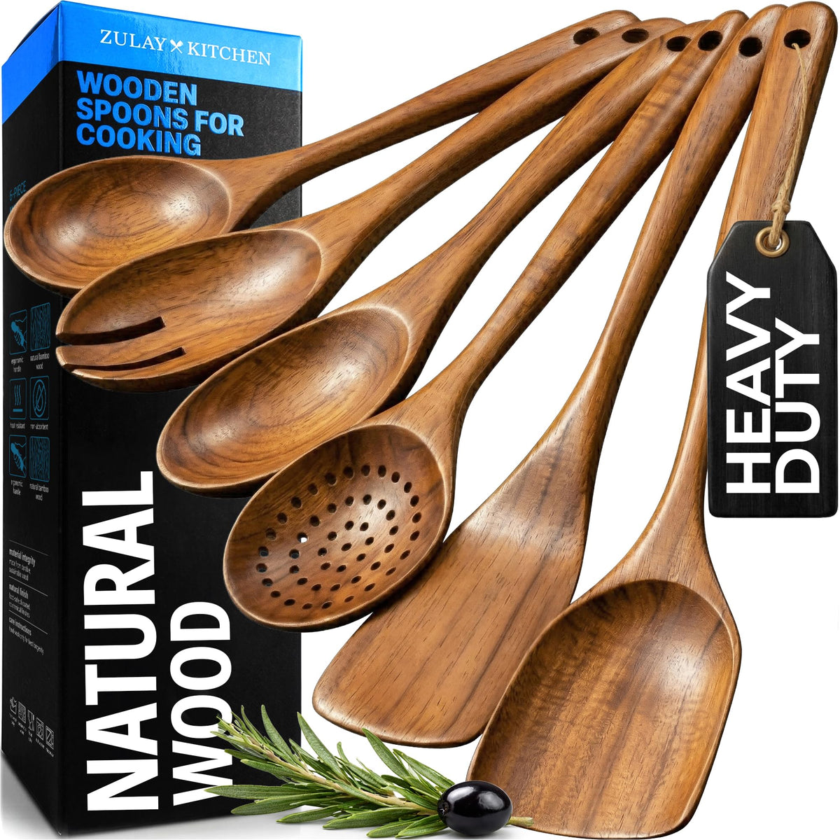 Zulay Kitchen 9-Piece Teak Wood Cooking Utensil Set – Non-Toxic & Non-Stick Safe Wooden Spoons & Kitchen Tools with Comfortable Grip, Smooth Finish Natural Teak – Perfect Kitchen Gift Set